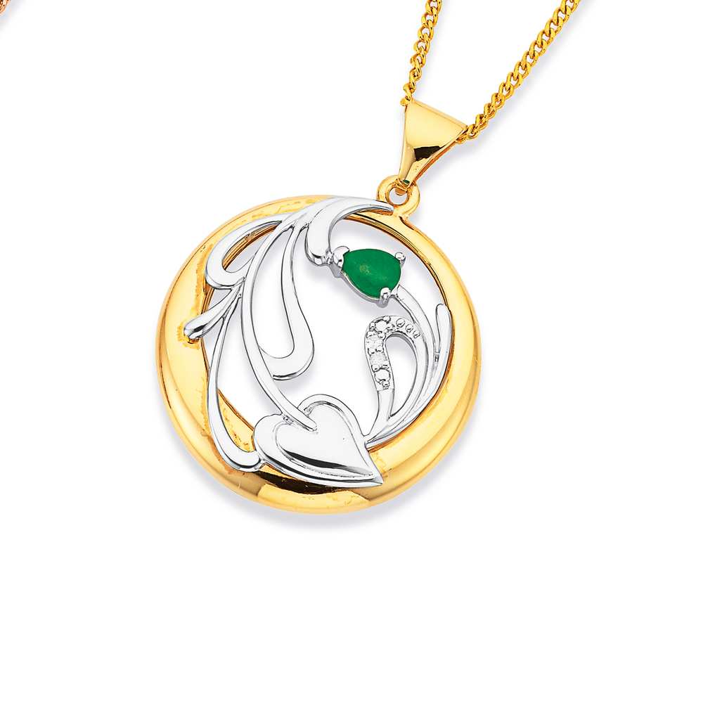 9ct Two Tone, Circle With Pear Emerald And Diamond Pendant in Green