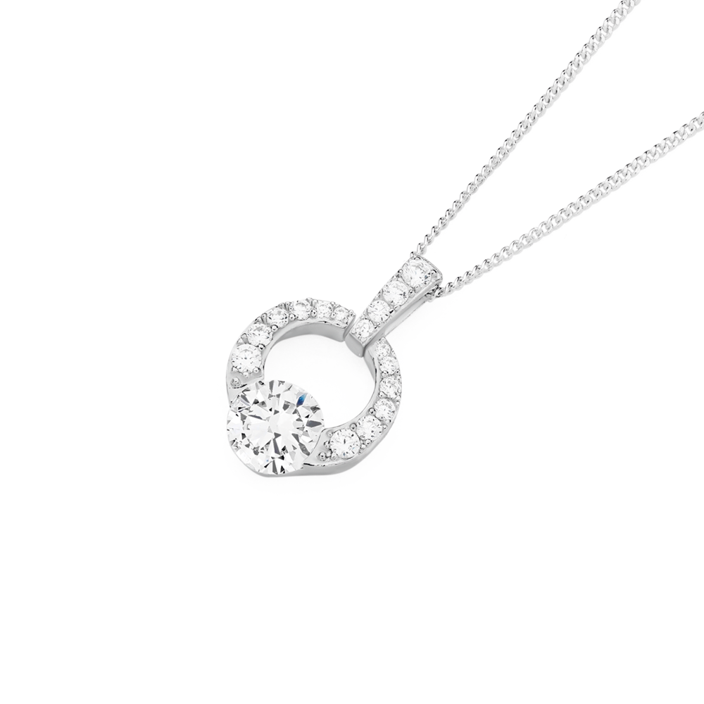 Silver Large Cz On Cubic Zirconia Circle Pendant in White | Stewart
