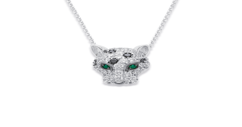 Sterling Silver Cubic Zirconia Leopard Head Pendant With Chain in White ...