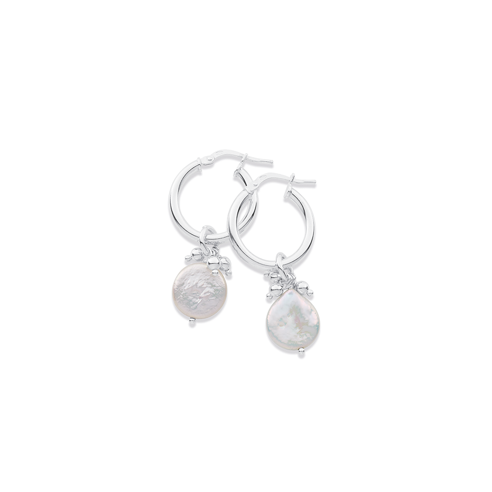 Silver 2024 Freshwater White Pearl Hoop Earrings